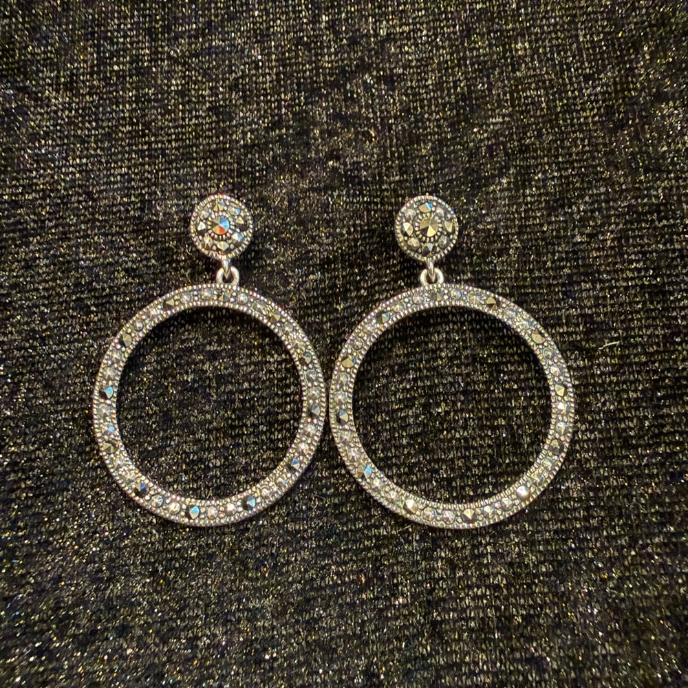 Sparkling Marcasite 925 Silver Hoop Earrings